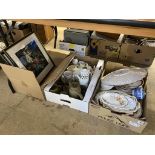 Two trays of china and a quantity of pictures