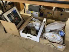 Two trays of china and a quantity of pictures