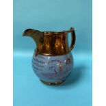 A 19th century copper lustre jug, to 'Thomas Pearfon Officer of Excise Cheadle 1819', 20cm height