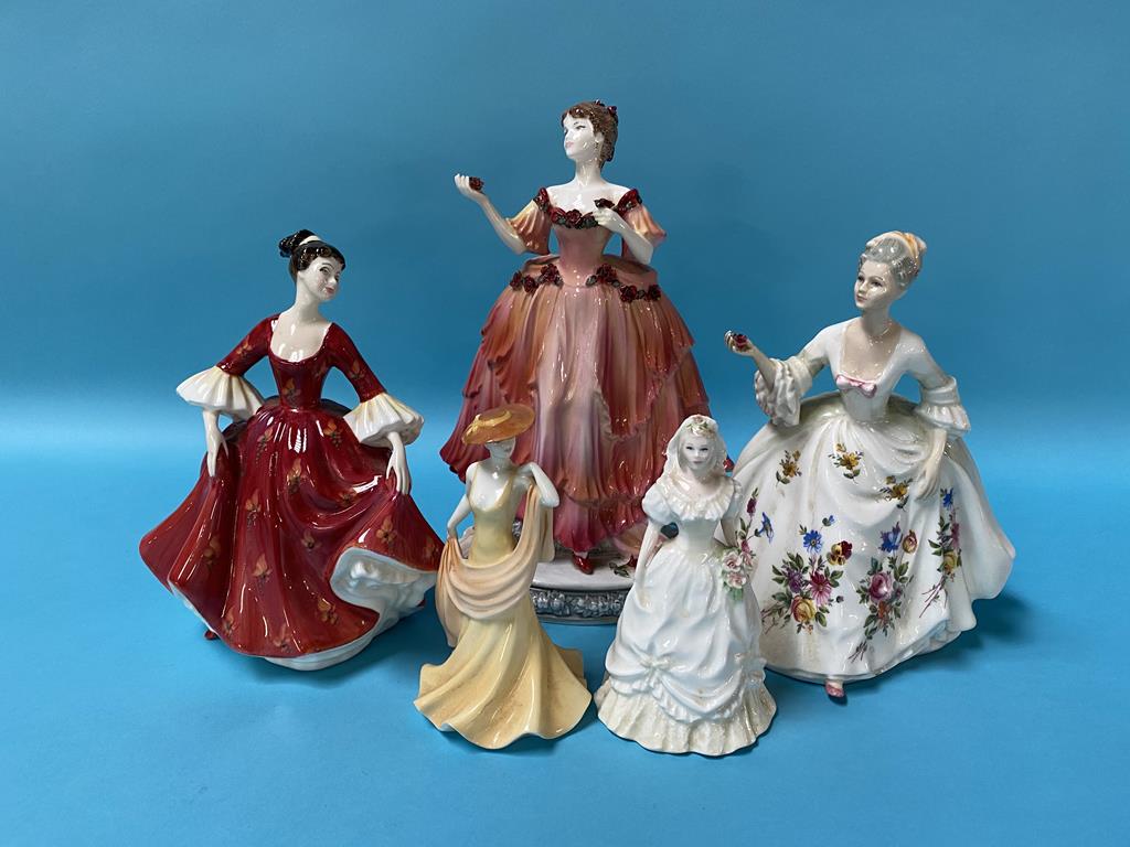 A Coalport figure Marlena, one other Coalport and three Royal Doulton figures