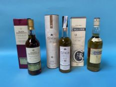 A bottle of Cragganmore whisky, a bottle of single malt Clynelish whisky and a bottle of Glen