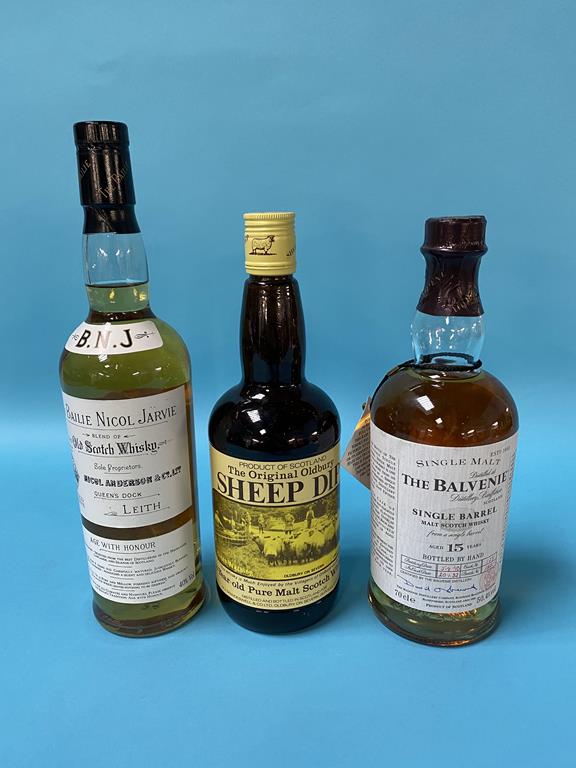 A bottle of The Bailie Nicol Jarvie whisky, a bottle of 'Sheep Dip' 8 year old pure malt whisky