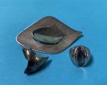 Two silver Hans Hansen rings, size 'F' and 'K' and a brooch by J. Tostrup