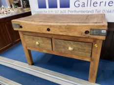 A butcher block, with two drawers, 123cm x 61cm