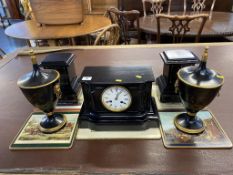 A Victorian slate mantle clock and a pair of Italian tole ware urns and covers, 30cm high