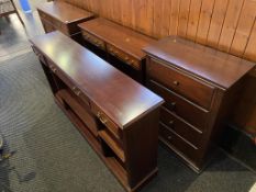 A chest of drawers, mahogany bookcase and a small reproduction sideboard