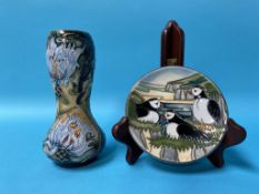 A Moorcroft 'Montana cornflower' vase, 200 of 650 and a puffin pin dish