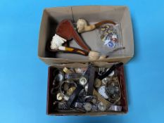 Various watches, Meerschaum pipes, two silver pens, and enamel pins etc.