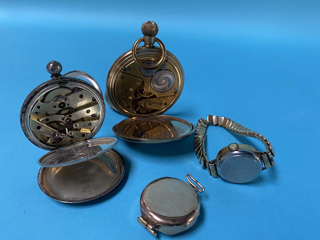 A ladies 9ct gold wristwatch, one other, a silver pocketwatch and a plated pocket watch - Image 2 of 2