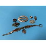 A bag of assorted jewellery, mother of pearl buckle, and Scottish agate style brooch etc.