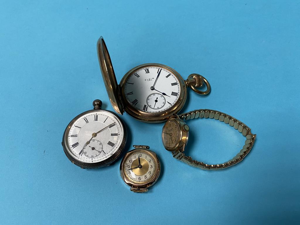 A ladies 9ct gold wristwatch, one other, a silver pocketwatch and a plated pocket watch