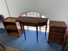 A modern mahogany half moon table, bookcase and small chest of drawers