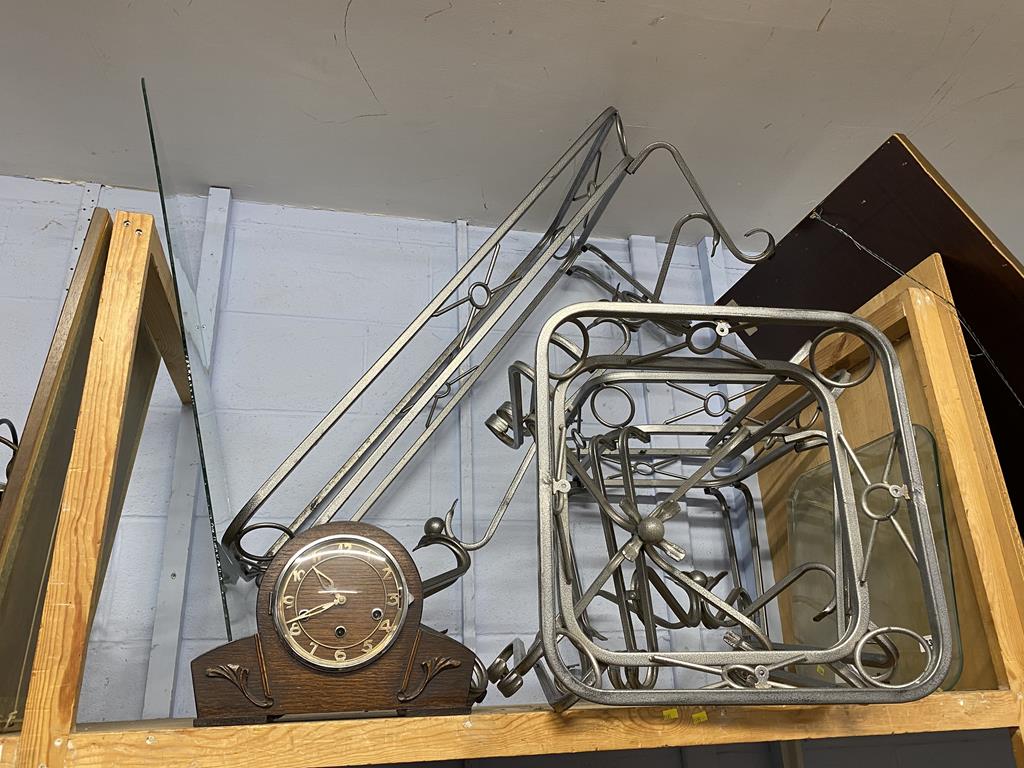 Glass top tables and a mantle clock