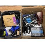 A quantity of music accessories, multitrack loofers, foot controls etc., in two boxes