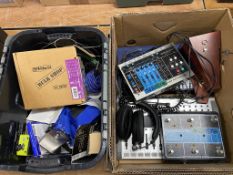 A quantity of music accessories, multitrack loofers, foot controls etc., in two boxes