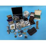 A tray of assorted, costume jewellery, coins and wristwatches