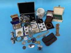 A tray of assorted, costume jewellery, coins and wristwatches