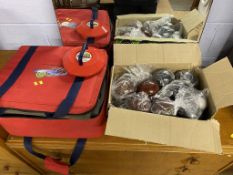 A New Age curling set and a quantity of carpet bowls