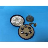 A proof 9ct gold cuff links, boxed shirt studs and a plated pocket watch, weight 5.35g