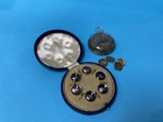 A proof 9ct gold cuff links, boxed shirt studs and a plated pocket watch, weight 5.35g