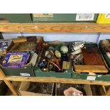 Three trays to include artists equipment, vintage jigsaws etc.