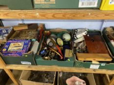 Three trays to include artists equipment, vintage jigsaws etc.