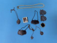 Silver buckles, silver decanter labels etc.