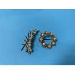 A 9ct gold fern design and seed pearl brooch and a yellow metal brooch, total weight 7.73g