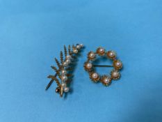 A 9ct gold fern design and seed pearl brooch and a yellow metal brooch, total weight 7.73g