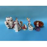 Two Royal Worcester figures 'July' and 'August', three Royal Doulton figures etc.