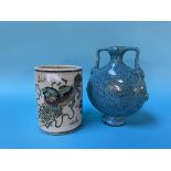 A Chinese famille rose brush pot and a turquoise moon flask, 13.5cm and 17cm height