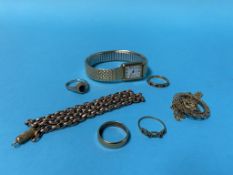 A 9ct gold Rotary watch, two 9ct gold rings, a necklace, 13g, an 18ct gold ring, 4g, etc.