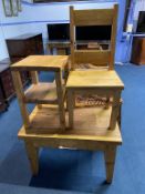 A pine side table, chair and oak table