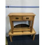 A light oak two drawer side table and a narrow oak bench, 85cm and 112cm wide