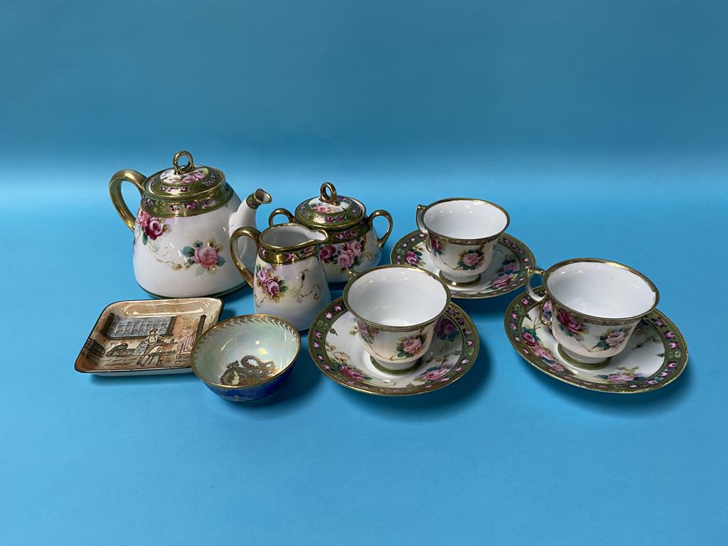 A Noritake tea service, decorated with roses, a small Wedgwood lustreware circular bowl, pattern
