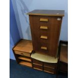 A teak telephone seat and a small teak chest of drawers