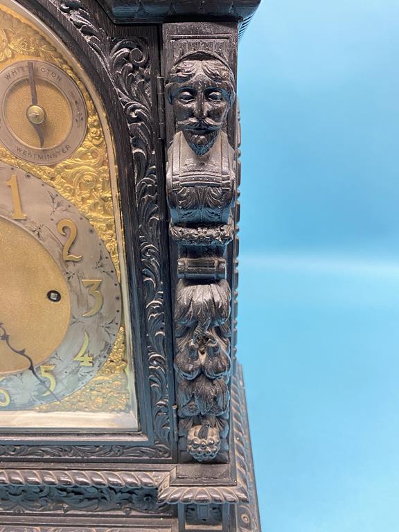 A large Victorian heavily carved oak bracket clock, with eight day movement, Whittington and - Image 9 of 15