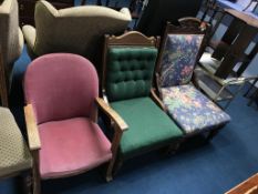 Two Edwardian chairs and an oak bedroom chair