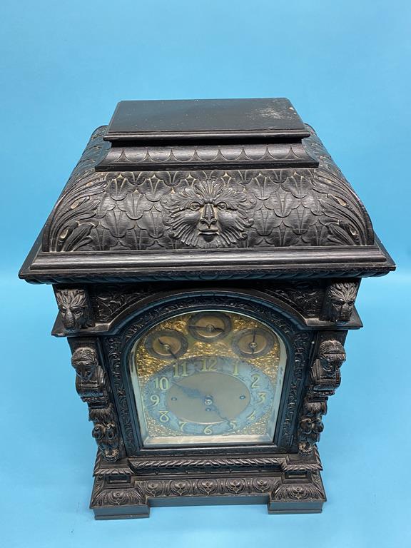 A large Victorian heavily carved oak bracket clock, with eight day movement, Whittington and - Image 5 of 15
