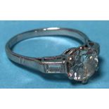 A white metal diamond solitaire ring, approx. 1.5cts, size 'R', 4 grams