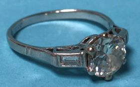 A white metal diamond solitaire ring, approx. 1.5cts, size 'R', 4 grams