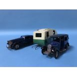 Two Tri-ang Minic clockwork Cars and a Caravan