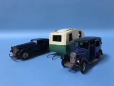 Two Tri-ang Minic clockwork Cars and a Caravan
