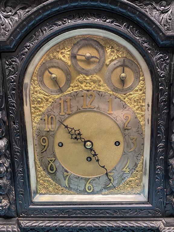 A large Victorian heavily carved oak bracket clock, with eight day movement, Whittington and - Image 6 of 15