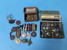 Medals to include World War One pair to CPL Harrison, 470243 R.E., dog tags, buttons, a pen etc.