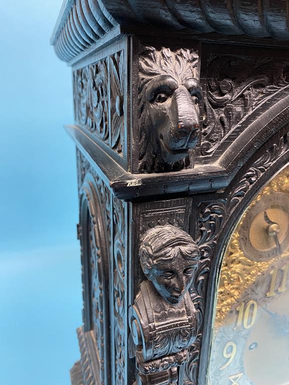 A large Victorian heavily carved oak bracket clock, with eight day movement, Whittington and - Image 8 of 15