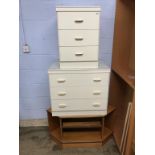 A G Plan corner stand, modern chest of drawers and a bedside cabinet