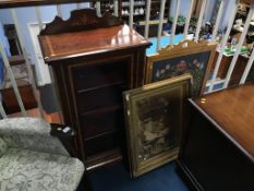 An Edwardian glazed cabinet, a print and a fire screen