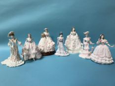 Two Worcester figures 'Masquerade Begins' and 'Debut', a Royal Doulton figure 'Cinderella' and