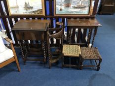 An oak barley twist corner umbrella stand, two stools etc.